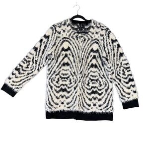Allie & Rob Fuzzy Zebra Print Sweater Cardigan Womens XL Soft Hairy Knit Y2K